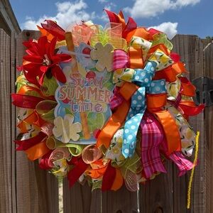 Colorful Summer Wreath with Bows and Flowers